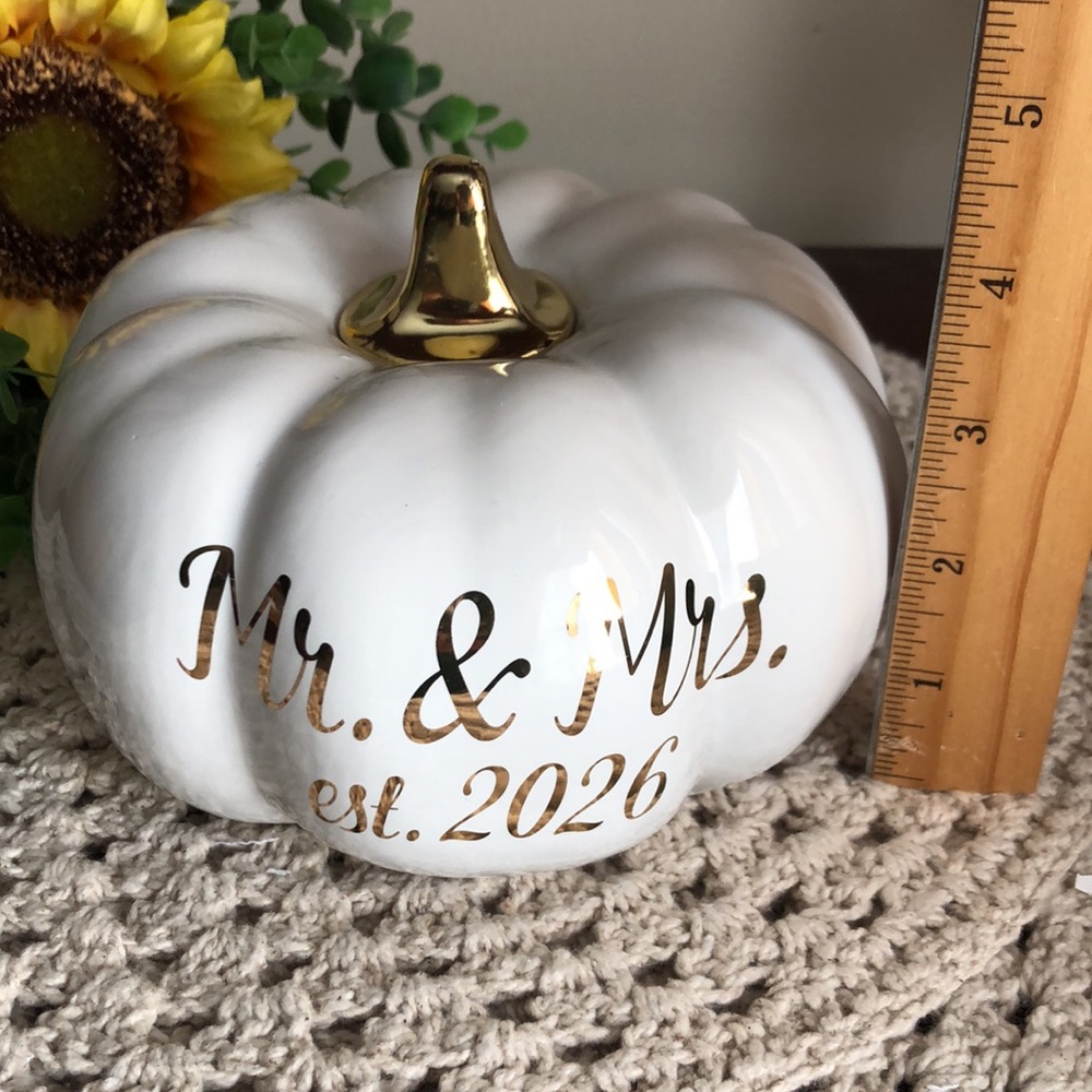 Mr. & Mrs. Est. 2026 White Ceramic Pumpkin with Gold Accent - Wedding Decor - Picture 3 of 5